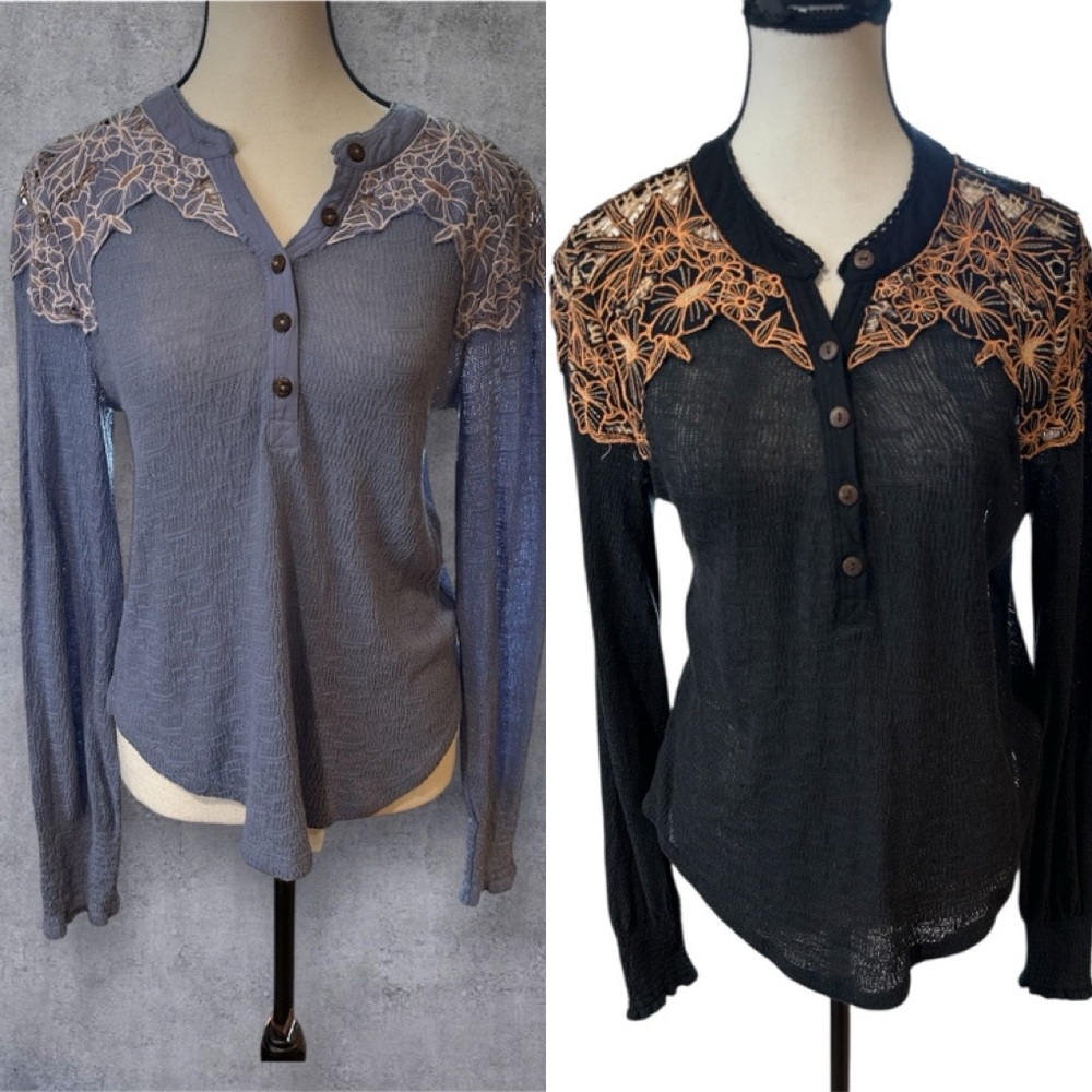 Set of 2 Free People Floral Lace Blouses - Slate Blue and Charcoal